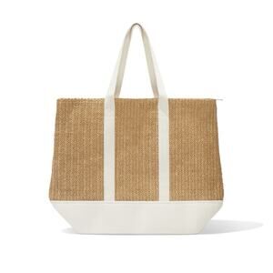 Show Me Your Mumu White Canvas Jute Fiber Tote Bag Pool Beach Summer NWT